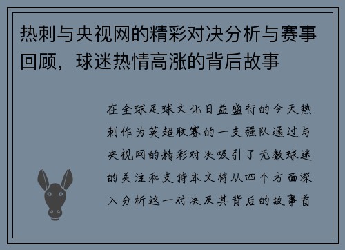 热刺与央视网的精彩对决分析与赛事回顾，球迷热情高涨的背后故事