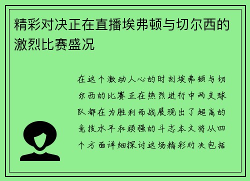 精彩对决正在直播埃弗顿与切尔西的激烈比赛盛况